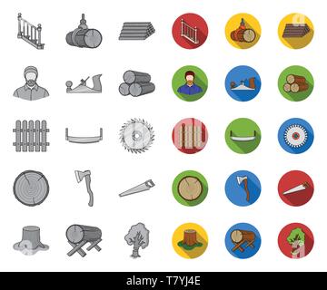 Sägewerk Schnittholz und Mono, Flachbild Symbole im Set Sammlung für Design. Hardware und Tools vektor Symbol lieferbar Abbildung. Stock Vektor