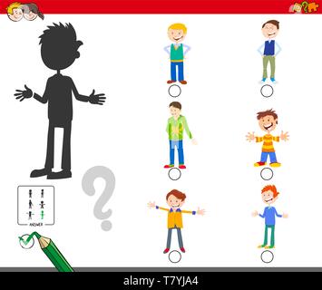 Cartoon Illustration auf das Finden der richtigen Schatten Lernspiel für Kinder mit Kid Boy Zeichen Stock Vektor