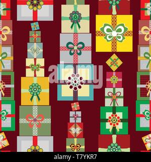 Stapel von hellen Grün Weihnachten in einer vertikalen linearen nahtlose Vektor Muster auf warmen roten Hintergrund präsentiert. Toll für Geschenkverpackung, scrapbooking Stock Vektor