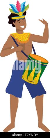 Glückliche Menschen mit federkopfschmuck Brasilien feiert Karneval mit Trommel Vector Illustration graphic design Stock Vektor