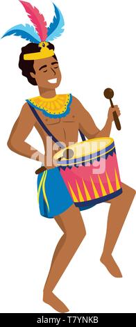 Mann feiern Brasilien Karneval mit Feder headdrees und mit Trommelstöcken Vector Illustration grafik design Drum Stock Vektor