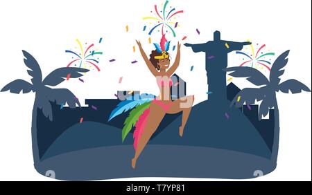 Native woman dancing feiern Brasilien Karneval in der Stadt mit Christus Erlöser und Palmen Vektor-illustration bearbeitbar Stock Vektor