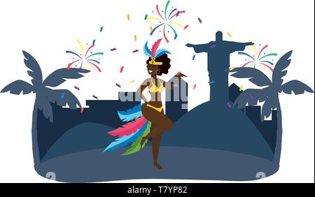 Native woman dancing feiern Brasilien Karneval in der Stadt mit Christus Erlöser und Palmen Vektor-illustration bearbeitbar Stock Vektor