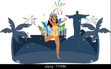 Native woman dancing feiern Brasilien Karneval in der Stadt mit Christus Erlöser und Palmen Vektor-illustration bearbeitbar Stock Vektor
