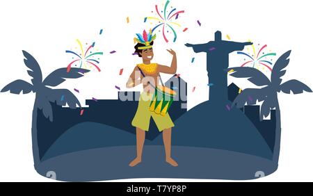 Mann mit Drum feiern Brasilien Karneval in der Stadt mit Christus Erlöser und Palmen Vektor-illustration bearbeitbar Stock Vektor