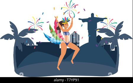 Native woman dancing feiern Brasilien Karneval in der Stadt mit Christus Erlöser und Palmen Vektor-illustration bearbeitbar Stock Vektor