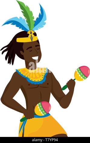 Afro Mann mit federkopfschmuck Feiern mit Maracas Brasilien Karneval Vector Illustration graphic design Stock Vektor