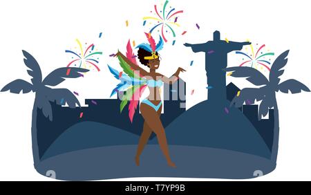 Native woman dancing feiern Brasilien Karneval in der Stadt mit Christus Erlöser und Palmen Vektor-illustration bearbeitbar Stock Vektor
