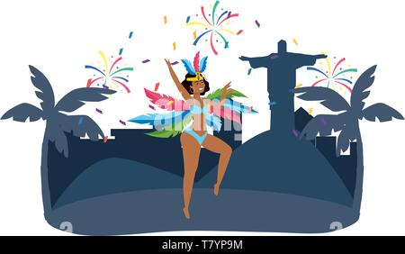Native woman dancing feiern Brasilien Karneval in der Stadt mit Christus Erlöser und Palmen Vektor-illustration bearbeitbar Stock Vektor