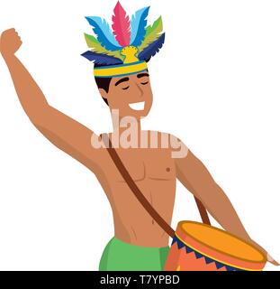 Glückliche Menschen mit federkopfschmuck Brasilien feiert Karneval mit Trommel Vector Illustration graphic design Stock Vektor