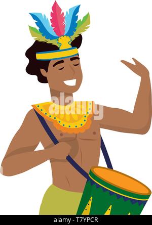Glückliche Menschen mit federkopfschmuck Brasilien feiert Karneval mit Trommel Vector Illustration graphic design Stock Vektor