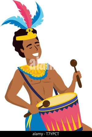 Mann feiern Brasilien Karneval mit Feder headdrees und mit Trommelstöcken Vector Illustration grafik design Drum Stock Vektor