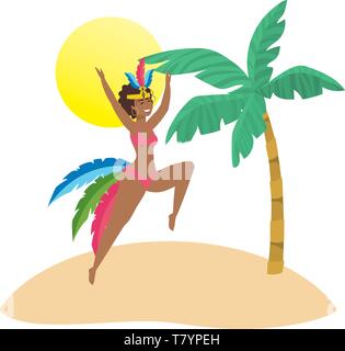 Native woman dancing feiert Karneval in Brasilien am Strand mit Palmen und Sonne Vektor-illustration bearbeitbar Stock Vektor