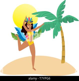 Native woman dancing feiert Karneval in Brasilien am Strand mit Palmen und Sonne Vektor-illustration bearbeitbar Stock Vektor