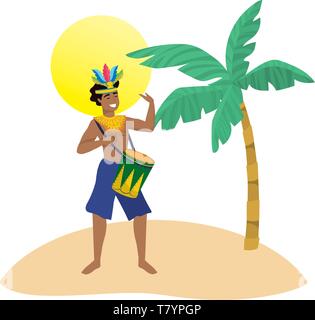 Mann mit Drum feiern Karneval in Brasilien am Strand mit Palmen und Sonne Vektor-illustration bearbeitbar Stock Vektor