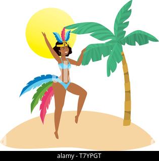 Native woman dancing feiert Karneval in Brasilien am Strand mit Palmen und Sonne Vektor-illustration bearbeitbar Stock Vektor