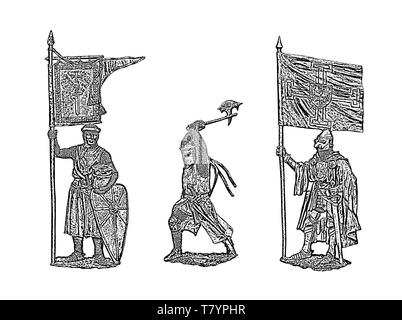 Mittelalterliche Ritter Abbildung. Ritter Bild. Satz von 3 mittelalterlichen Kreuzfahrer. Digitale Zeichnung. Stockfoto