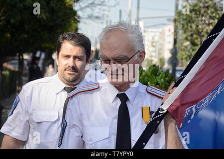 Mitglieder der Kosaken Militär während der Feier am Denkmal der russischen Soldaten in Kalithea gesehen. Der 74. Jahrestag des Sieges über den Zweiten Weltkrieg über Nazi-deutschland in die UDSSR, bekannt als Tag des Sieges Feier am Denkmal der russischen Soldaten in Kalithea. Stockfoto