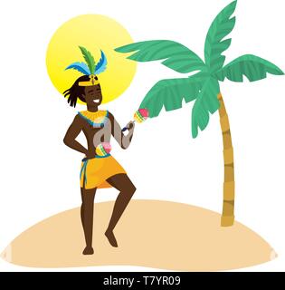 Mann mit Maracas feiern Karneval in Brasilien am Strand mit Palmen und Sonne Vektor-illustration bearbeitbar Stock Vektor