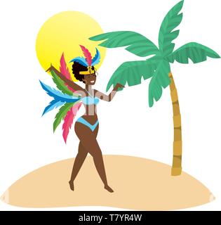 Native woman dancing feiert Karneval in Brasilien am Strand mit Palmen und Sonne Vektor-illustration bearbeitbar Stock Vektor