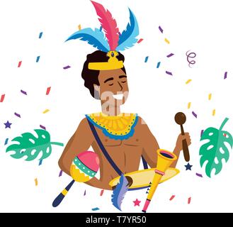 Mann mit federkopfschmuck Feiern mit maraca Trommel und Trompete Brasilien Karneval Vector Illustration graphic design Stock Vektor