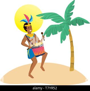 Mann mit Drum feiern Karneval in Brasilien am Strand mit Palmen und Sonne Vektor-illustration bearbeitbar Stock Vektor