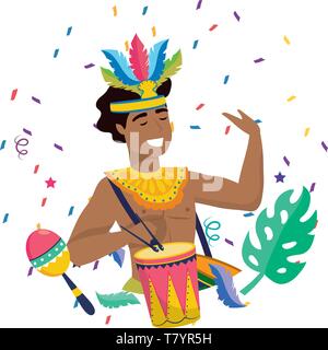Mann mit federkopfschmuck Feiern mit maraca Trommel und Trompete Brasilien Karneval Vector Illustration graphic design Stock Vektor