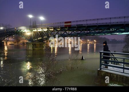 Frankreich, Val de Marne, Bry sur Marne, die fußgängerbrücke von Gustave Eiffel zwischen Bry sur Marne und Le Perreux sur Marne im Hintergrund, die Ufer der Marne überflutet Stockfoto