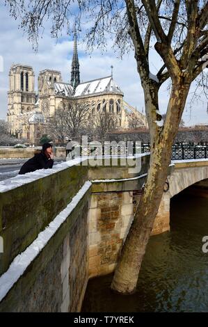 Frankreich, Paris, Bereich als Weltkulturerbe von der UNESCO, die Ufer der Seine, Welterbe der UNESCO, die Seine in der Flut an der Pont de l'(Erzbischof des Erzbistums's Bridge) und die Kathedrale von Notre Dame unter den Schnee auf der Ile de la Cité Stockfoto