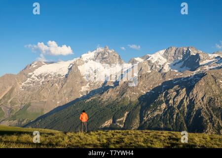 Frankreich, Hautes Alpes, Nationalpark Ecrins, in der Mitte des Grand Pic de La Meije (3983 m), rechts die Rechen (3809 m) von der Hochebene von emparis gesehen Stockfoto