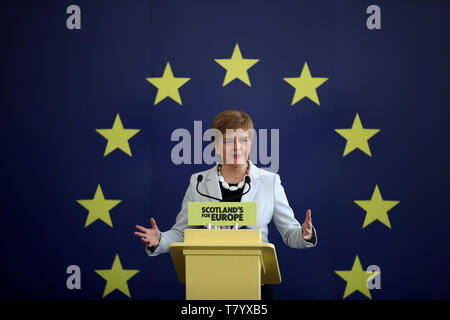 Erster Minister Nicola Sturgeon an der Produkteinführung der SNP europäischen Wahlkampf zu Dynamic Earth, Edinburgh. Stockfoto