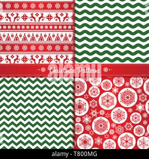 Set Weihnachten nahtlose Muster von Rot und Grün mit Rentier und Schneeflocken Stock Vektor
