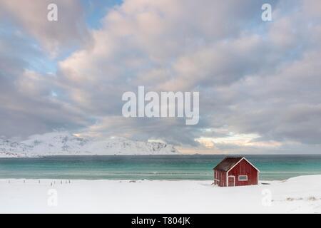 Rorbuer Fischerhütte am Strand im Schnee, Ramberg, Lofoten, Norwegen Flakstadoya, Stockfoto