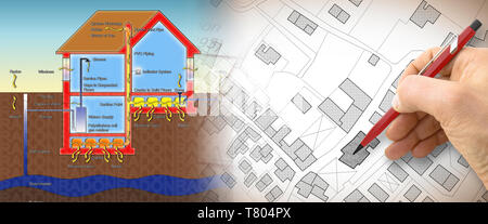 Die Gefahr von Radongas in unseren Häusern - Konzept Abbildung mit handzeichnung über eine imaginäre Kataster-karte der Gebiet Stockfoto