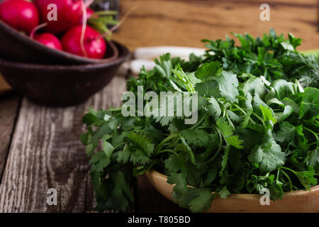 Anlage Frisches grünes Gemüse und Kräuter kochen Zutat auf ländlichen Holztisch. Veganes essen Hintergrund mit Koriander, Petersilie, Dill, Frühlingszwiebel, Radi Stockfoto