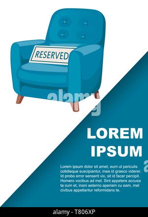 Weiche Sessel mit Zeichen oder Platte - vorbehalten. Flache Vector Illustration auf weißem Hintergrund. Für Text platzieren. Werbung Flyer oder Grußkarten-Design. Stock Vektor