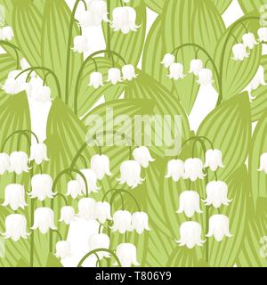 Nahtlose Muster. Convallaria majalis. Lilly auf das Tal. Mitte Frühling bunte Blume. Flache Vector Illustration auf weißem Hintergrund. Blumen. Stock Vektor