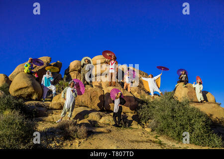 Eine Gruppe von Freunden im Geiste Tier onesies feiern das neue Jahr in Joshua Tree, Kalifornien, Vereinigte Staaten von Amerika, Nordamerika Stockfoto