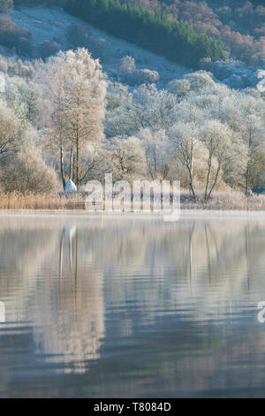 Loch Ard teilweise über eine Reif um Aberfoyle im Loch Lomond und der Trossachs National Park, Stirling, Schottland, Großbritannien und gefroren Stockfoto