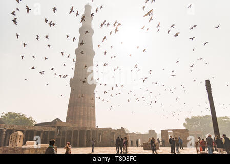 Vögel fliegen über Besucher, während sie Fotos von einander im Qutub Minar, UNESCO-Weltkulturerbe, New Delhi, Indien, Asien Stockfoto