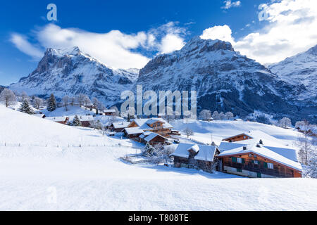 Traditionelle Häuser nach einem Schneefall, Grindelwald, Kanton Bern, Schweiz, Europa Stockfoto