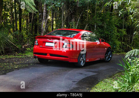 Red Holden Monaro HSV Coupe II 2003 GTO, Opel, Pontiac GTO, Chevrolet Lumina Coupé. Scenic Drive, Waitakere Ranges, Pukematekeo. Glänzend Sportwagen. Stockfoto