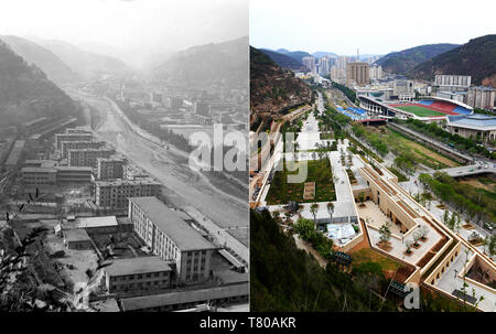 Yan'an. 9. Mai, 2019. Combo Foto zeigt einen Blick entlang der Nanhe Fluss in Yan'an, Provinz Shaanxi im Nordwesten Chinas am Dez. 26, 1983 (L, Foto) und am 5. Mai 2019 (R, aufgenommen von Liu Xiao). Yan'an, einer ehemaligen Revolutionäre Basis der Kommunistischen Partei Chinas (CPC), ist nicht mehr mit der Aufschrift 'Armen', wie seine letzten zwei verarmten Grafschaften abgeschüttelt haben, der Armut, der Shaanxi Provincial Regierung kündigte am Dienstag. Quelle: Xinhua/Alamy leben Nachrichten Stockfoto