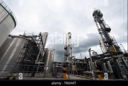 09 Mai 2019, Brandenburg, Schwedt/Oder: Blick auf Teile einer Anlage auf dem Gelände der VERBIO Ethanol Schwedt GmbH & Co.KG, während die Presse Reise der Agentur für Erneuerbare Energien. Foto: Monika Skolimowska/dpa-Zentralbild/ZB Stockfoto