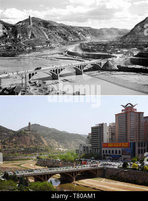 Yan'an. 9. Mai, 2019. Combo Foto zeigt einen Blick von Yan'an in der Provinz Shaanxi im Nordwesten Chinas in den 1960er Jahren (Foto oben) und am 25. April 2019 (unten, von Liu Xiao) bzw. berücksichtigt. Yan'an, einer ehemaligen Revolutionäre Basis der Kommunistischen Partei Chinas (CPC), ist nicht mehr mit der Aufschrift 'Armen', wie seine letzten zwei verarmten Grafschaften abgeschüttelt haben, der Armut, der Shaanxi Provincial Regierung kündigte am Dienstag. Quelle: Xinhua/Alamy leben Nachrichten Stockfoto