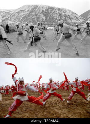 Yan'an. 9. Mai, 2019. Combo Foto zeigt Dorfbewohner üben Taille drum Tanz an Ansai Dishuigou Dorf im Bezirk von Yan'an, Provinz Shaanxi im Nordwesten Chinas am Februar 5, 1989 (oben, Foto) und Taille Schlagzeuger in der Nangou Ansai in Yan'an am Okt. 20, 2018 (unten, die von Liu Xiao). Yan'an, einer ehemaligen Revolutionäre Basis der Kommunistischen Partei Chinas (CPC), ist nicht mehr mit der Aufschrift 'Armen', wie seine letzten zwei verarmten Grafschaften abgeschüttelt haben, der Armut, der Shaanxi Provincial Regierung kündigte am Dienstag. Quelle: Xinhua/Alamy leben Nachrichten Stockfoto