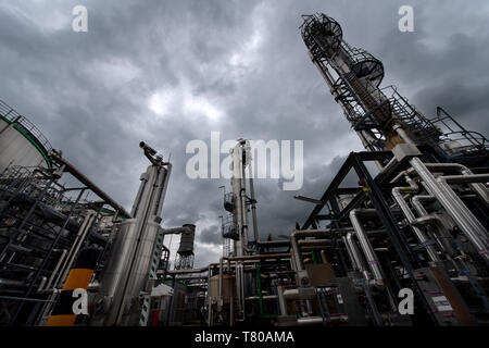 09 Mai 2019, Brandenburg, Schwedt/Oder: Blick auf Teile einer Anlage auf dem Gelände der VERBIO Ethanol Schwedt GmbH & Co.KG, während die Presse Reise der Agentur für Erneuerbare Energien. Foto: Monika Skolimowska/dpa-Zentralbild/ZB Stockfoto