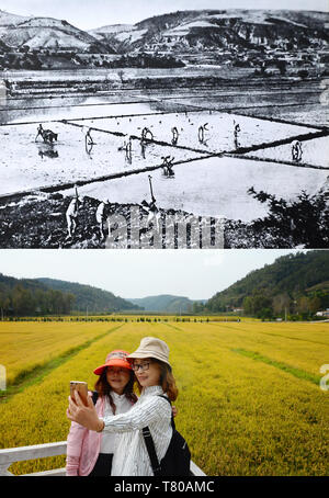 Yan'an. 9. Mai, 2019. Combo Foto zeigt eine landwirtschaftliche Szene an Nanniwan während des Krieges der chinesischen Bevölkerung der Widerstand gegen die japanische Aggression in Yan'an, Provinz Shaanxi im Nordwesten Chinas (oben, Foto) und Besucher die Bilder bei Nanniwan in Yan'an on Sept. 12, 2018 (unten, die von Liu Xiao). Yan'an, einer ehemaligen Revolutionäre Basis der Kommunistischen Partei Chinas (CPC), ist nicht mehr mit der Aufschrift 'Armen', wie seine letzten zwei verarmten Grafschaften abgeschüttelt haben, der Armut, der Shaanxi Provincial Regierung kündigte am Dienstag. Quelle: Xinhua/Alamy leben Nachrichten Stockfoto