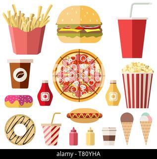 Vektor Ansammlung isolierter Bunte flach gestaltete Essen und drins Symbole Stock Vektor