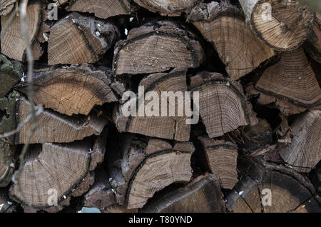 Ein Haufen gestapelt, Brennholz, für die Heizung des Hauses vorbereitet. Brennholz geerntet für Heizung im Winter. Gehackte Brennholz auf einem Stapel. Brennholz ein gestapelt Stockfoto